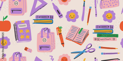 Seamless kawaii school supplies pattern with pink and purple stationery, notebooks, backpack, markers, pencils, scissors, ruler, paintbrush, eraser, and cute study accessories on a light background