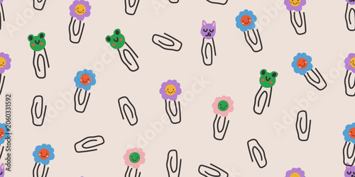 Seamless back to school pattern with cute paper clips, frog characters, flower clips, cat clips, and playful stationery elements on a light background, charming repeat design for kids fabric