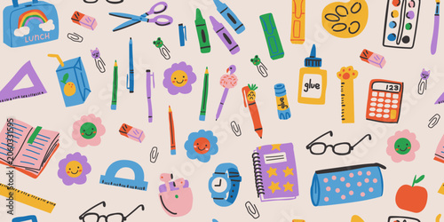 Seamless school supplies pattern with books, rulers, glasses, pencil case, apple, paper clips, lunch box, paint palette, crayons, brushes, headphones, clock, and creative classroom essentials