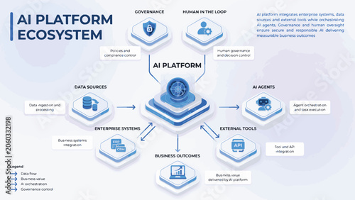 AI Platform Ecosystem Diagram Showing Data Sources Enterprise Systems AI Agents and Business Outcomes