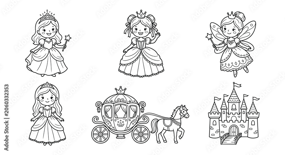 Fototapeta premium Princesses And Deer Vector Doodle Set On White Background