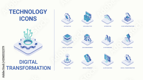 Digital transformation technology icons with isometric 3D elements on a light background vector
