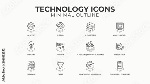 Minimal Outline Technology Icons for AI and Data Concepts with Labels artificial intelligence