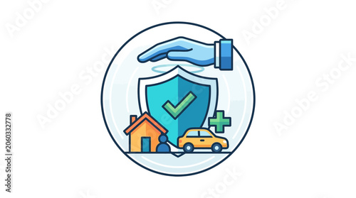 Insurance protection icon: hand shield car house and medical cross