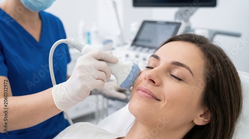 Woman receiving ultrasound facial treatment at clinic