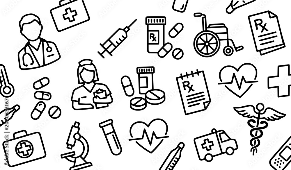 Fototapeta premium Creative healthcare outline vector icon set with minimalist doctor pill syringe symbols