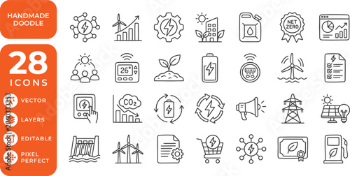 Foto Handmade Doodle Green Energy Icons Set with Solar Wind Renewable Power and Eco E