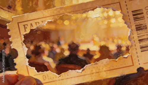 Ticket to Excitement: A torn vintage ticket reveals a blurred glimpse of a lively, festive event, hinting at anticipation and the promise of an unforgettable experience.