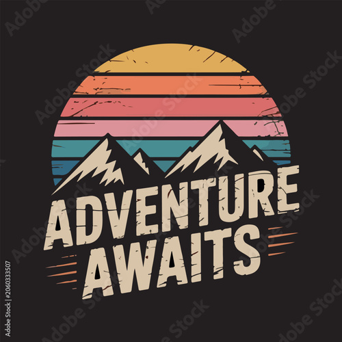 Retro mountains sunset graphic with 'Adventure Awaits' text for outdoor exploration themes