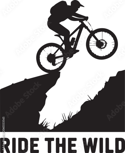Silhouette mountain biker performing extreme stunt off cliff edge during daytime with inspiring motivational message