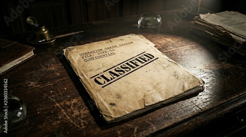 Fotografija A vintage confidential file rests on a dark wooden desk in a study