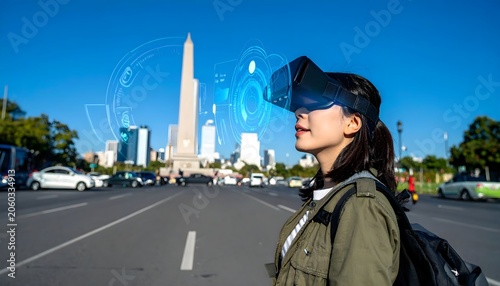 Person wearing a virtual reality headset in an urban setting, exploring immersive digital technology, augmented experiences, and future innovation.

