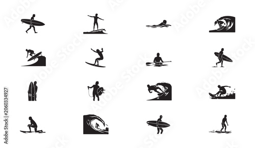 Schilderij op canvas Surfer silhouette collection featuring tube riding and diverse aquatic board riding styles