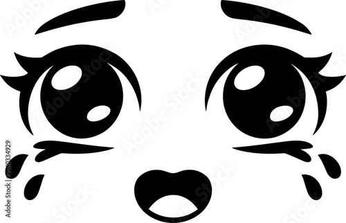 Valokuva Minimalist high contrast black and white anime face expressing deep sadness and shock with large crying eyes on white background