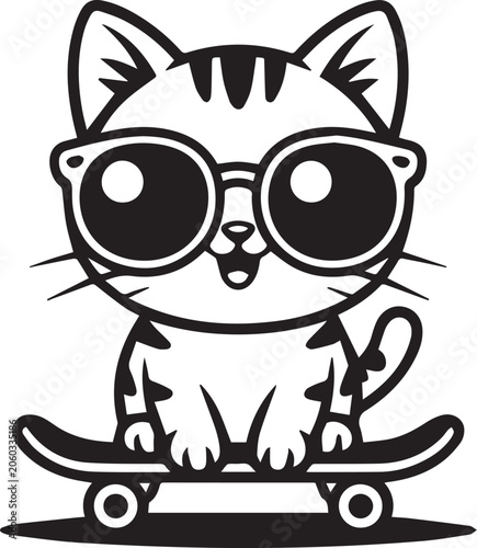 Whimsical Cartoon Cat with Sunglasses Riding Skateboard in Playful Style