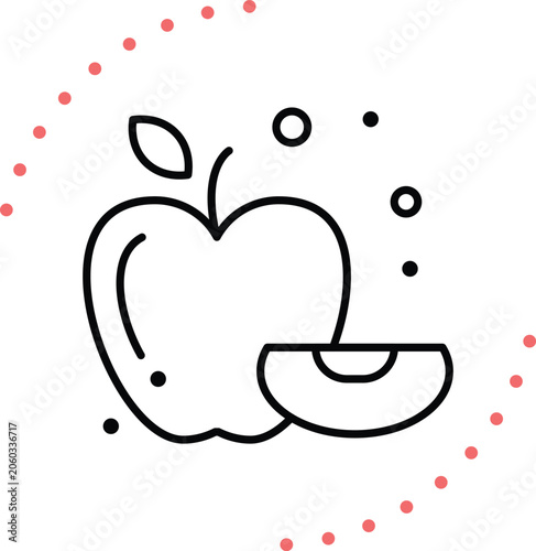 Minimal Apple Fruit Line Icon with Slice and Decorative Dots Vector Illustration