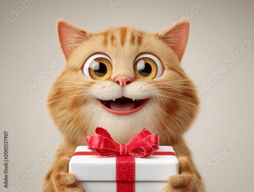 Happy cat holding a gift box with a red ribbon in a simple background during daylight hours