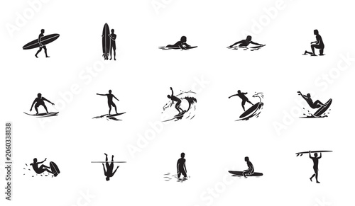 Photography Set of surfing people icons showing water sports action and summer ocean beach lifestyle