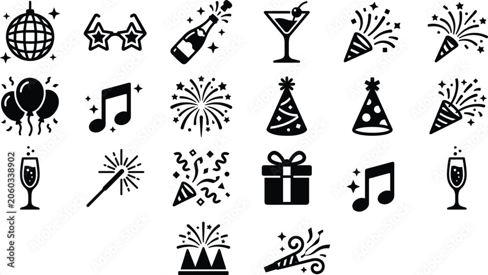 Fototapeta premium Vector Party Icon Set Featuring Disco Ball Balloons Fireworks Champagne and Birthday Celebrations