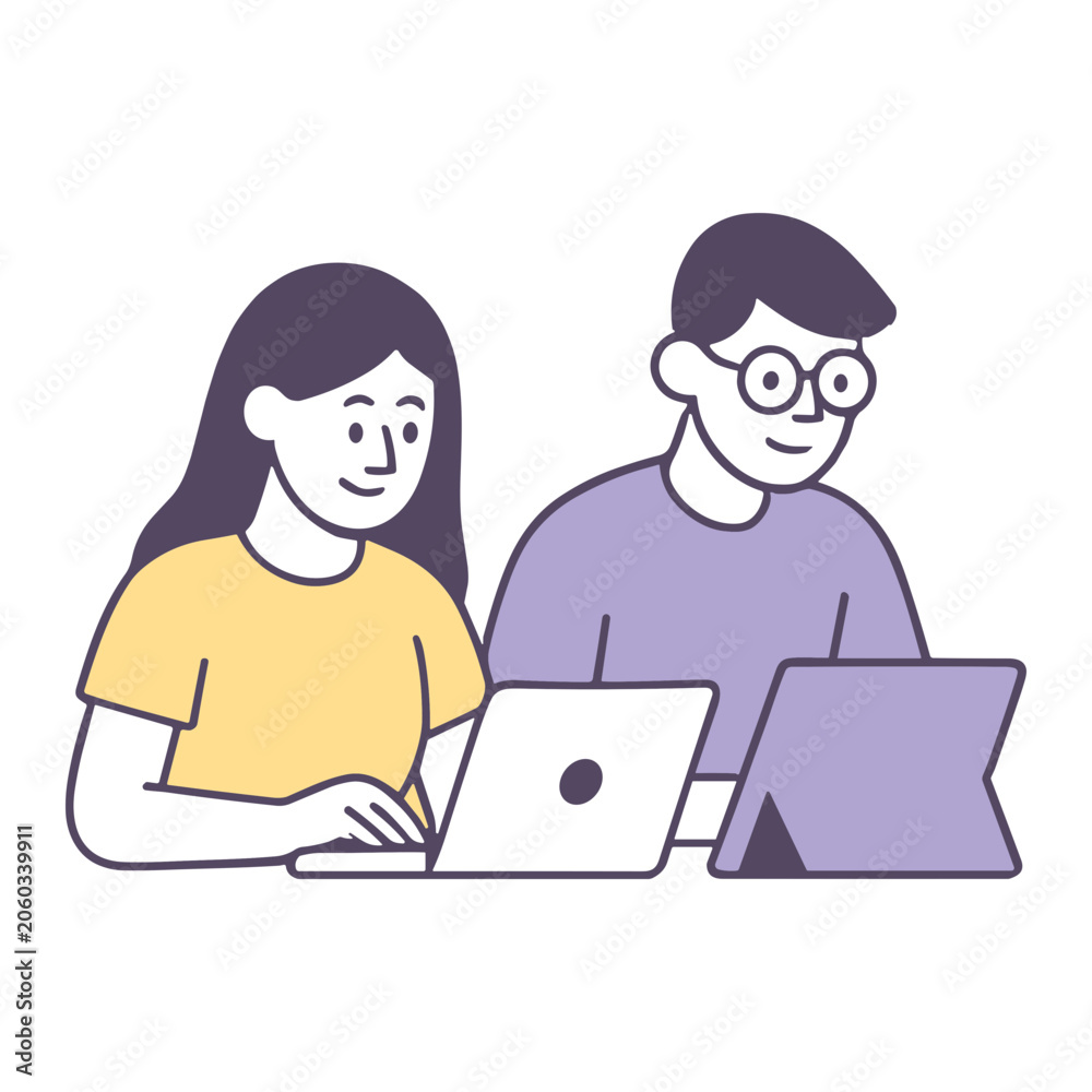Fototapeta premium Illustration of two people collaborating at a desk using a laptop and tablet for remote work and online learning, studying together and sharing digital tasks in a modern workspace