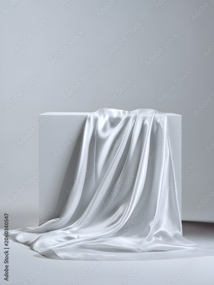 Fototapeta premium White fabric fabric table draped fabric drape satin silk smooth minimal ceremonial white satin cloth draped over pedestal, soft folds and glossy texture create serene, minimal composition with