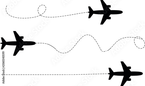 Photos Silhouette airplanes flying along dashed path lines on a clean white background in flat lighting for global travel planning