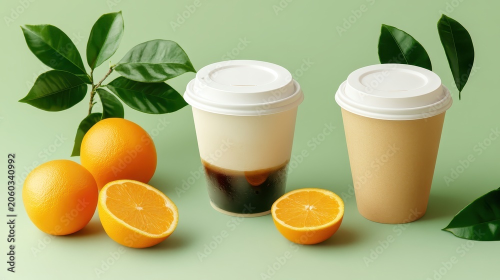 Fototapeta premium Refreshing Citrus Beverages in Paper Cups with Orange Slices and Green Leaves