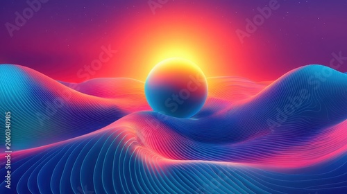 Vibrant Abstract Sphere Rests on Luminescent Wavy Landscape Under a Radiant Sunrise Sky