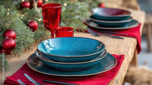 Vibrant Teal Dinnerware Set with Rustic Christmas Table Setting and Red Accents