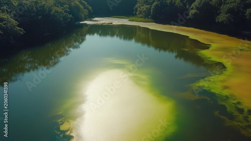 Vibrant Algal Blooms Covering a Polluted Pond Surface in a Rural Park Under Bright Sunlight