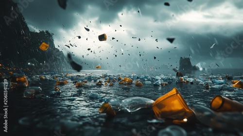 Widespread plastic pollution choking the ocean surface under overcast skies, showcasing environmental devastation