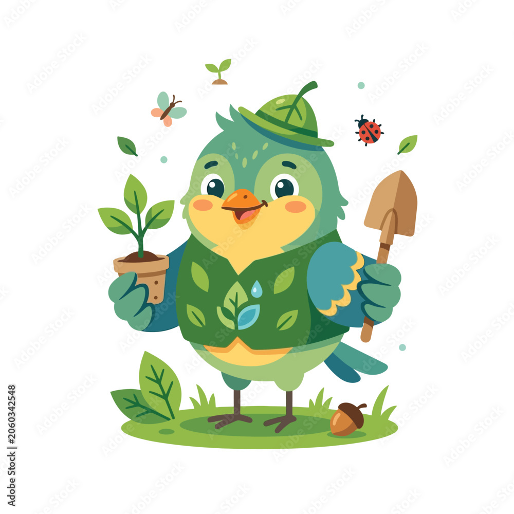 Obraz premium Cute cartoon bird holding plant and shovel, gardening, spring, nature, eco-friendly concept