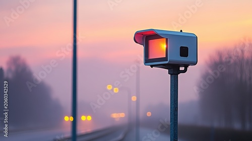 Traffic enforcement camera on a pole overlooking a misty road during twilight, monitoring vehicle speeds for safety and compliance.