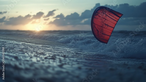 Vibrant red kite catches the wind during action-packed kitesurfing on ocean waves at sunset