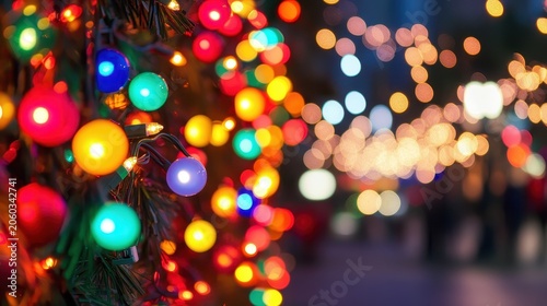 Vibrant Holiday Lights Display with Colorful Bokeh and Festive Outdoor Decorations