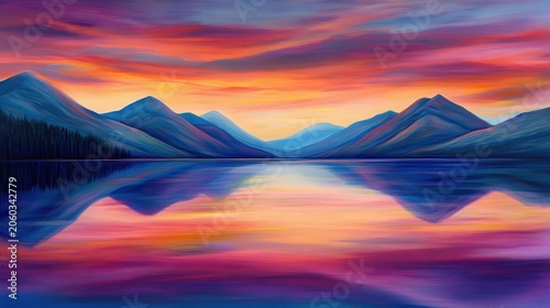 Vibrant mountain landscape with breathtaking sunset reflections on calm water