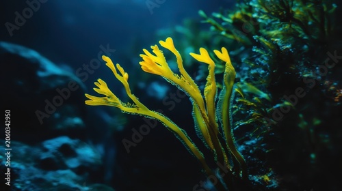 Vibrant yellow seaweed branching in deep blue ocean depths with soft focus