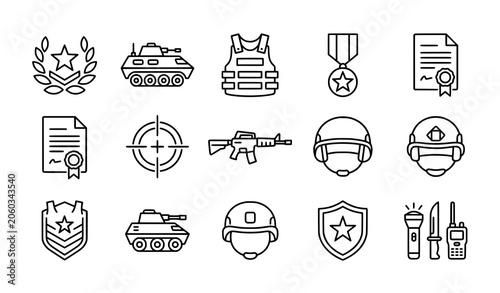 Army line icon set with military emblem gun vest and target vector symbols