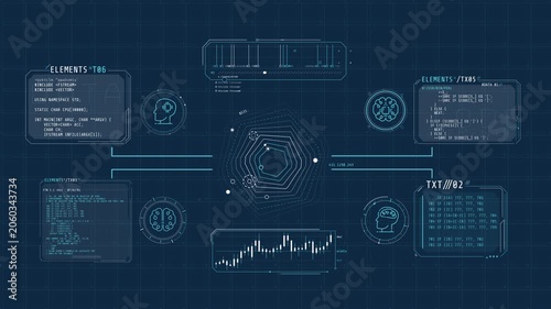 Screen with animated infographic elements and computer codes