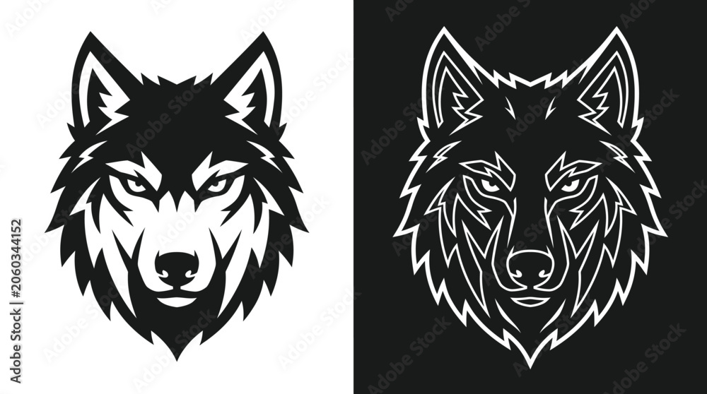 Obraz premium Fierce wolf head vector illustration featuring sharp lines and bold contrast for professional graphic design projects