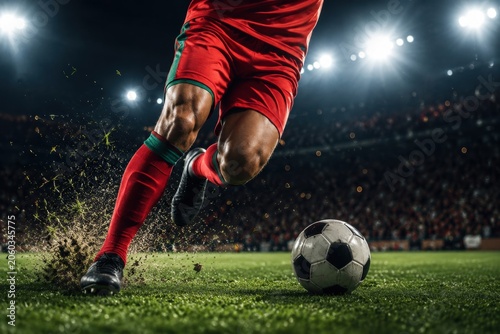 Red Kit Football Runner Accelerating Beside Ball on Stadium Turf With Dynamic Grass Particles
