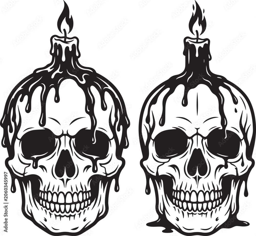 Fototapeta premium Silhouette black vector skull with melting candle wax on top isolated on white background gothic style design silhouette halloween