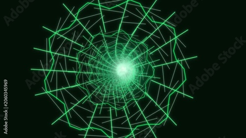 Looking through a green web tunnel with glowing center light