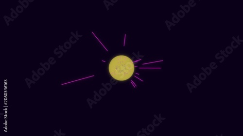 Bright yellow sun with purple rays in dark background
