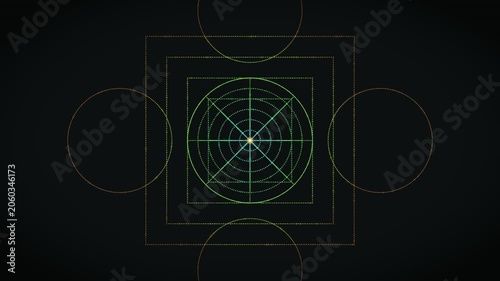 Geometric patterns with circles and lines on black background