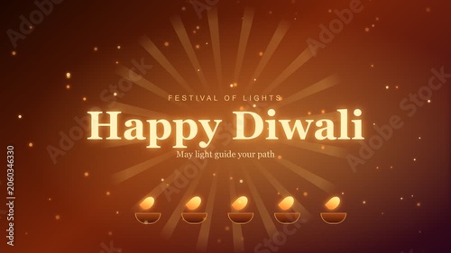 Happy Diwali greeting animation with oil lamps and golden light rays