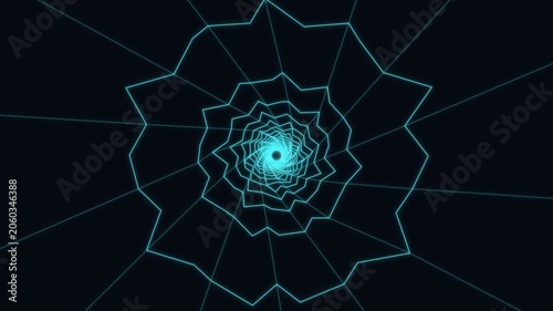 Abstract cyan neon geometric spiral tunnel on black background