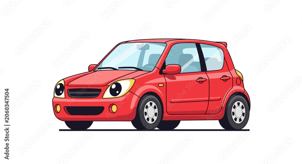 Fototapeta premium Cute Red Cartoon Car with Big Eyes, Isolated on White Background