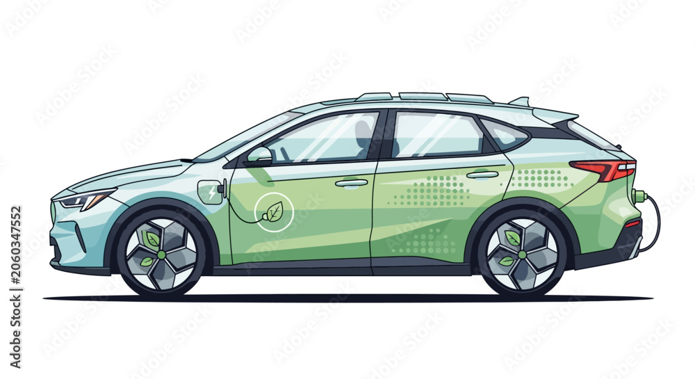 Fototapeta premium Electric Car Charging on White Background, Green Energy Vehicle