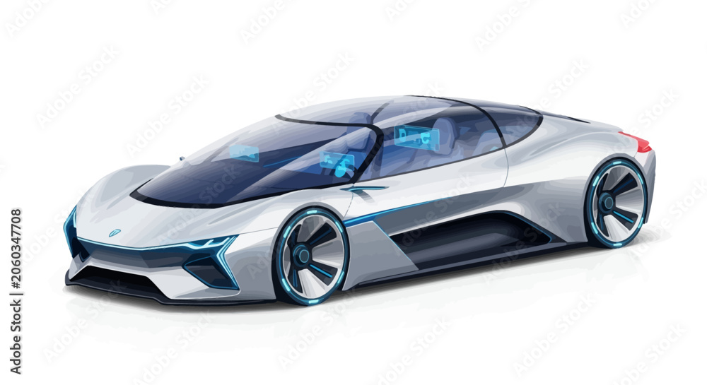 Fototapeta premium Futuristic concept car, silver, aerodynamic, sleek, modern, electric, white background